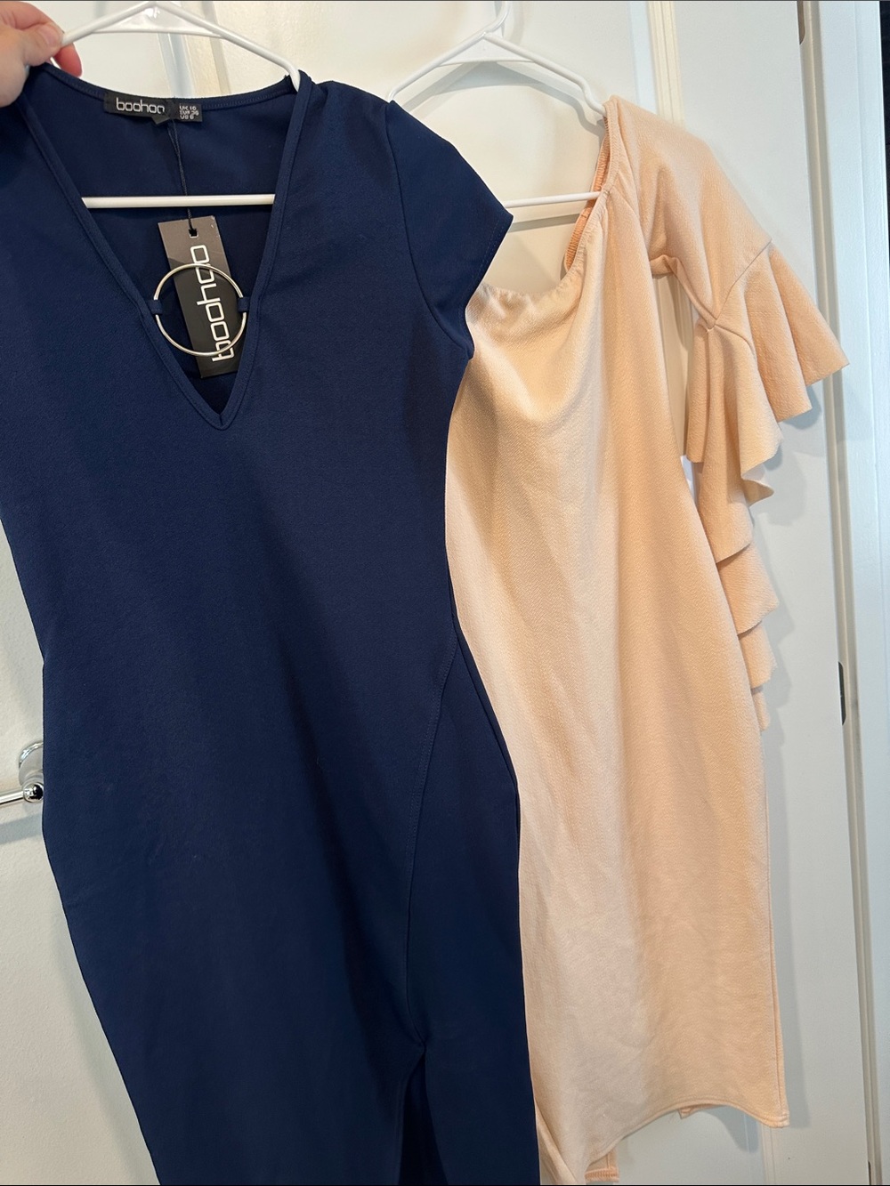 NWT Boohoo One-Shoulder Peach & Navy Midi Dress bundle